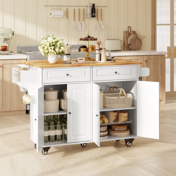 Large Rolling Kitchen Island Cart with Drop Leaf, Rubberwood Top Mobile Kitchen Storage Cabinet on 5 Wheels, Kitchen Island Table with Drawers, Spice Rack, Towel Bar (White)
