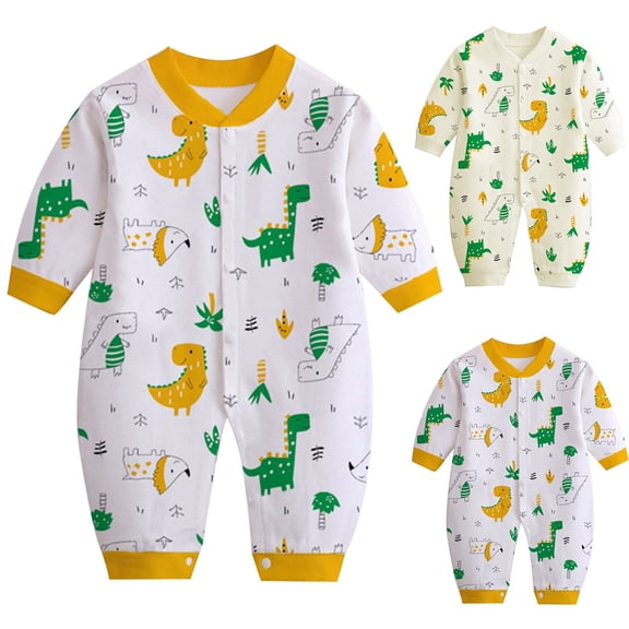 YHAJDS Unisex Newborn Baby Romper Long Sleeve Round Neck Button Print Cotton Jumpsuit Infants Bodysuit Clothes