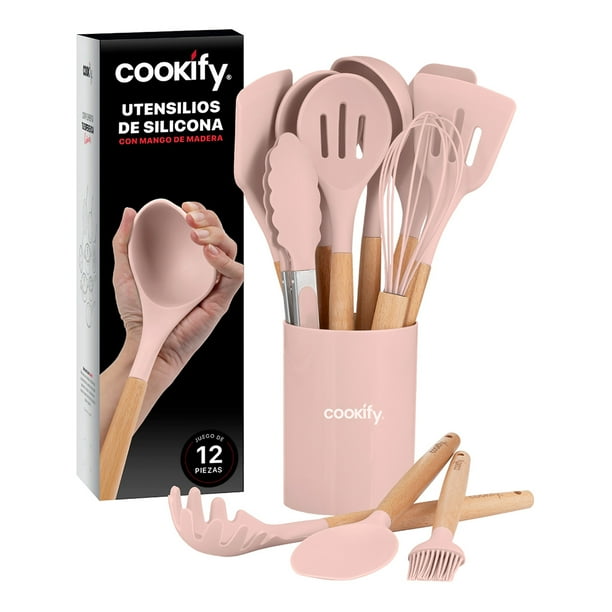 Juego de Utensilios de Cocina Silicona y Madera Accesorios para Cocinar, 12 pzas (Rosa)