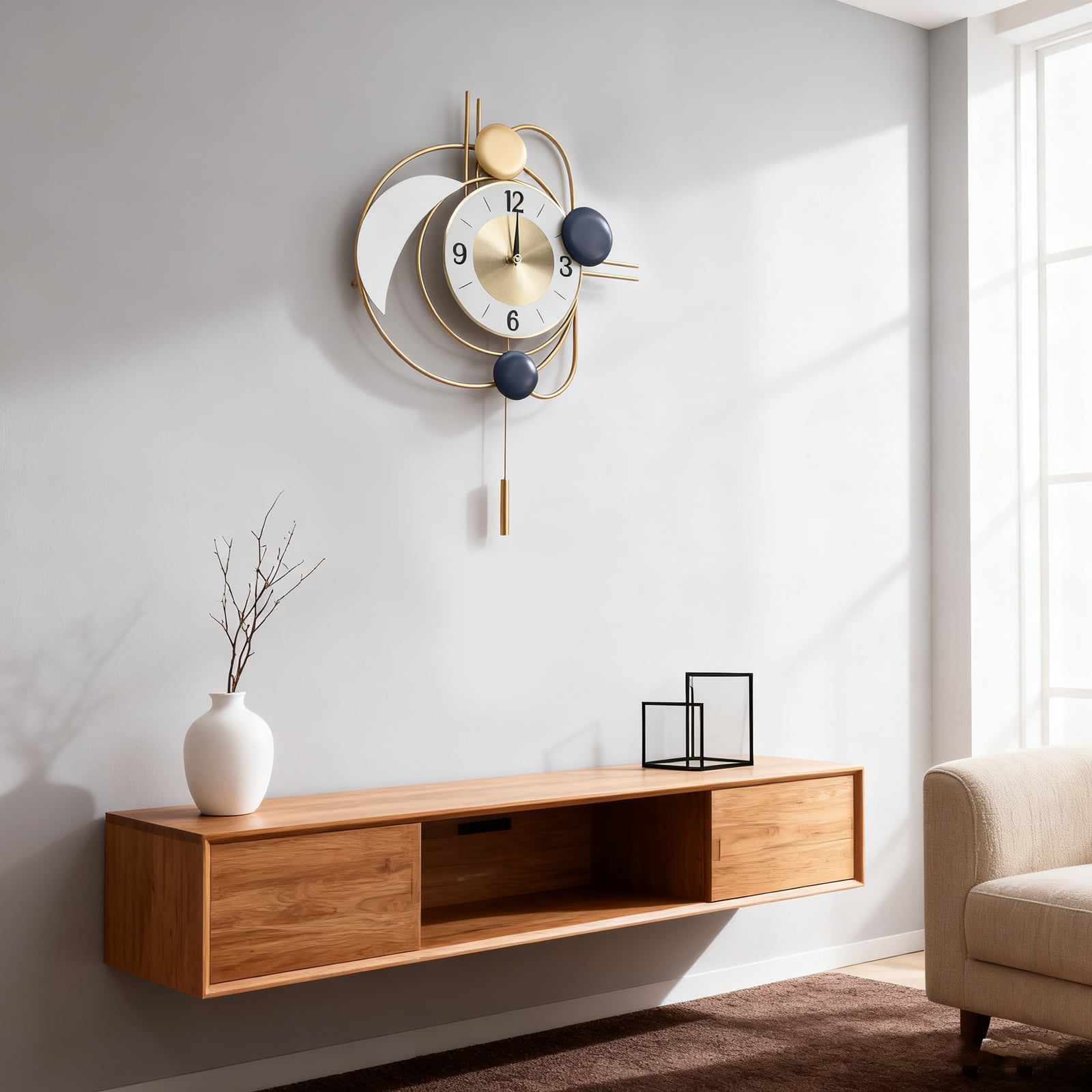Gold Round Wall Decor Clock Silent Wall Clock Battery Powered Automatic Swing for Living Room Entrance Door