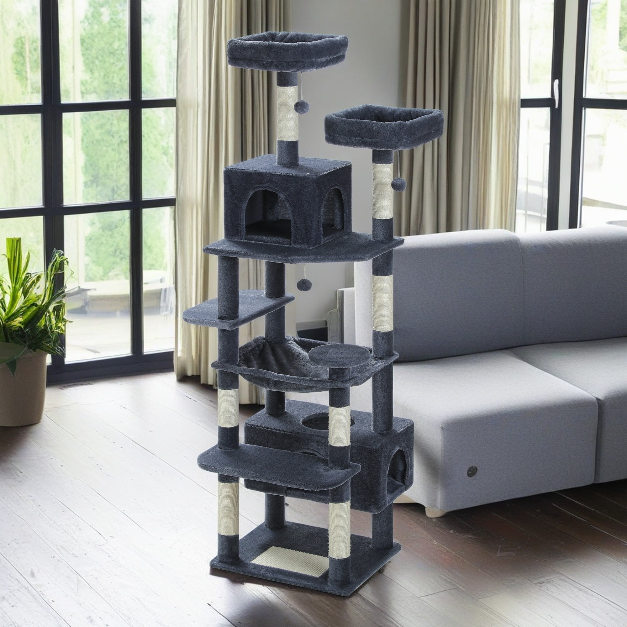 Kadyn 72" Cat Tree Tower for Large Cats, Indoor Cat Condo with Sisal-Covered Scratching Posts and Pads, 2 Padded Perch, Gray