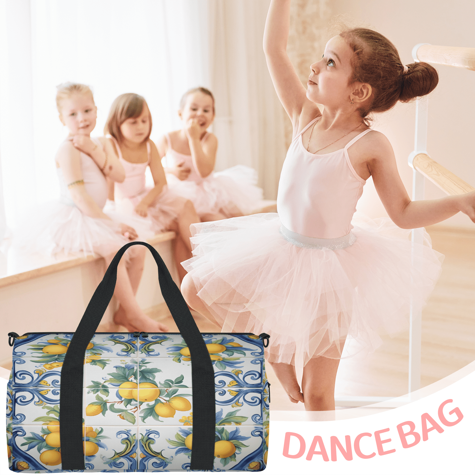 Herdesigns Blue Tiles Lemon Gym Bag for Women, Duffle Bag for Travel Sport, Summer Fruit Chic Lightweight Waterproof Carry on Weekender Dance Yoga Workout Bags