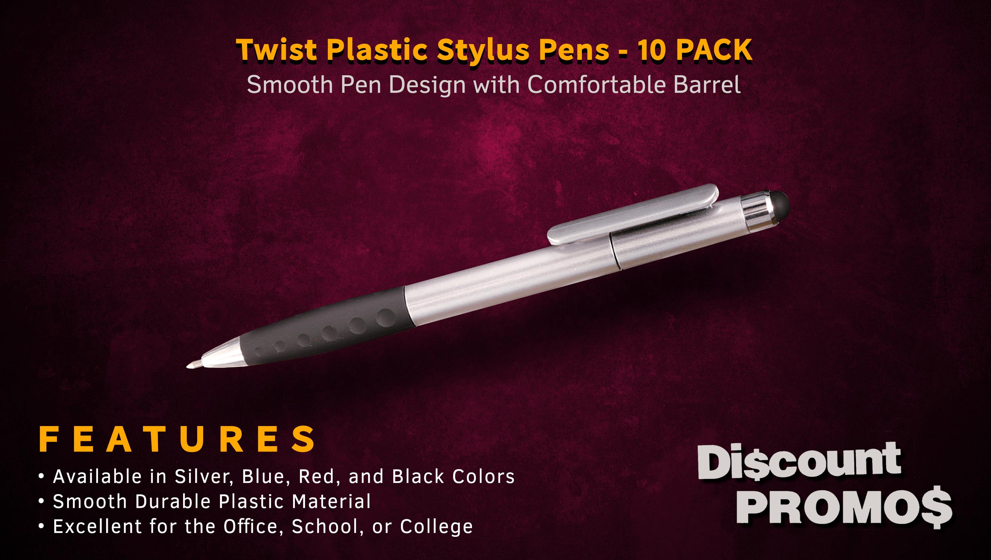 10 Twist Plastic Stylus Pens Pack - Ballpoint, Rubber Grip - Silver