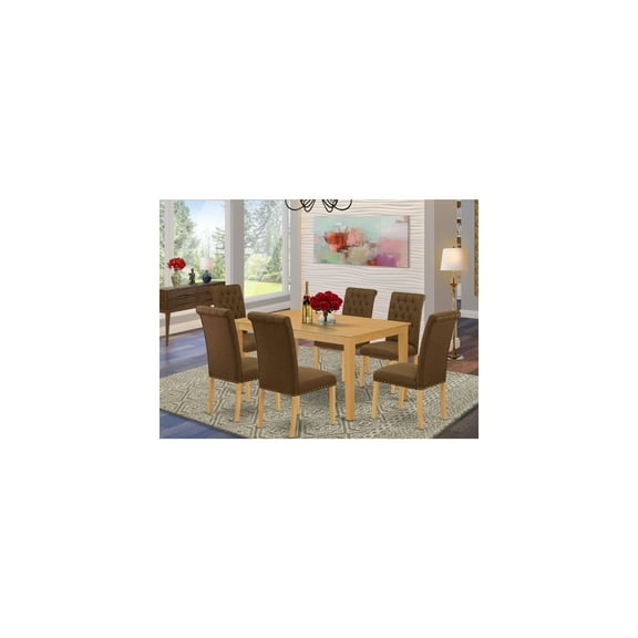 7-Piece Dinette Set - Kitchen Table & 6 Parson Chairs - Dark Coffee Fabric, Oak Finish