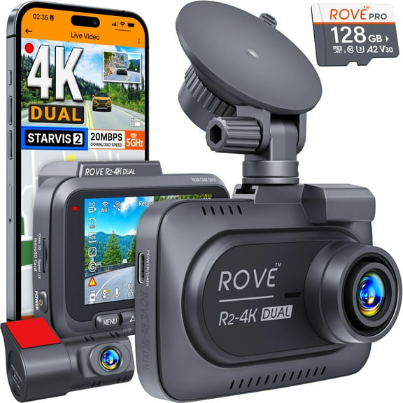 ROVE R2-4K DUAL Dash Cam Front and Rear, 2 Sensor, FREE 128GB Card Included, 5G WiFi - up to 20MB/s Fastest Download Speed with App, 4K 2160P/FHD Dash Camera for Cars, 3" IPS, 24H Parking Mode C93