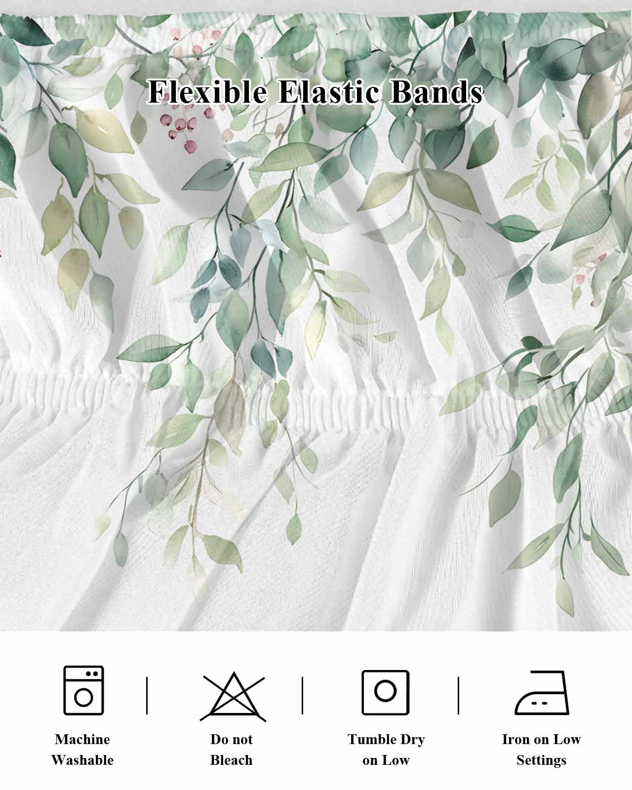 Eucalyptus Leaves Bed Skirt Queen Size, Sage Green Botanical Spring Summer Wrap Around Bed Skirting with Adjustable Elastic Strap, Dust Ruffle Pleated Bedskirts 16 Inch Drop for Bedroom Queen Beds