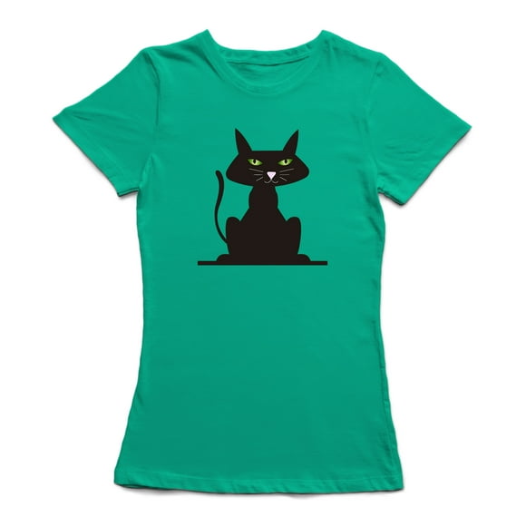 Chat Noir Mignon avec des Yeux Verts T-shirt Kelly Vert devant Moyen Femmes