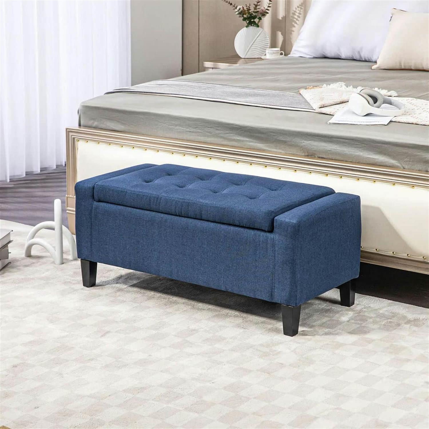 Demi Bonn 36" Upholstered Ottoman Bench, Button Tufted Storage Ottoman with Hidden Compartment, Lift-Top Ottoman for Living Room, Blue