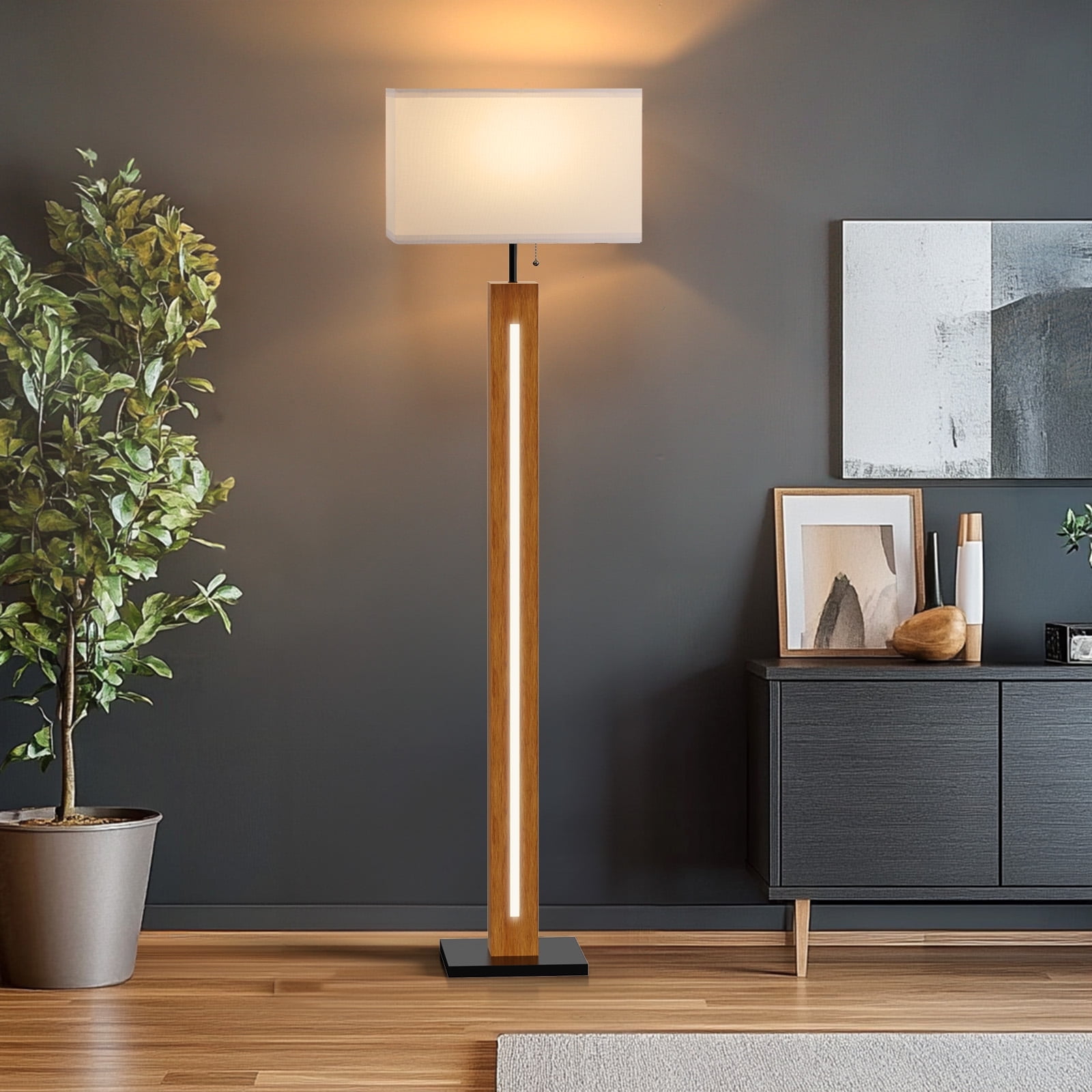 58.9'' Farmhouse Wooden Floor Lamp built-in LED beads, White Rectangular Linen Shade for Bedroom (Bulb included)