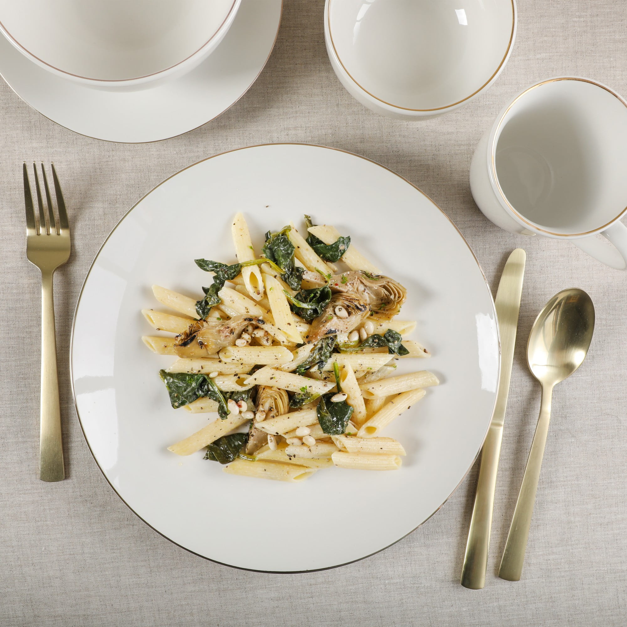 Gibson Home Ogalla 30 Piece Plates, Bowls, & Mugs Dinnerware Set - Service for 6 - White Porcelain W/ Gold Band
