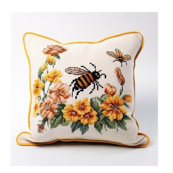 Cross Stitch Cushion Kit Bee Tapestry Pillow kit DIY Cushion Embroidery Kit Needlepoint Handmade Needlework Cushion Kit Stitched Pillow Cover Kit for Adults Beginners 17x17in