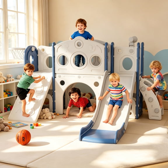 DOREROOM Toddler Slide Playset, 9-in-1 Indoor Outdoor Kids Playground with Basketball Hoop, Telescope, Storage
