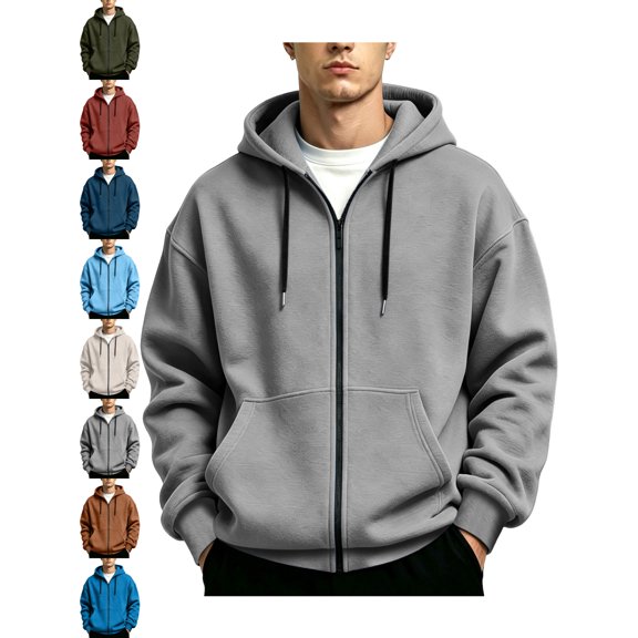 Casual Hooded Jackets for Men Zip Up Long Sleeve Solid Color Going Out Jacket