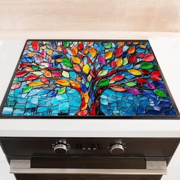 Square Cover for Stove Top Electric Flat Top, Modern Colorful Tree Glass Stovetop Cover, Foldable Decorative Cooktop Mat for Kitchen RV (28×20 Inch)