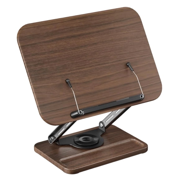 Heavy Book Stand with Expandable Page Holders Adjustable 360 Rotating Base Ergonomic Black Walnuts Wood Storage Tray