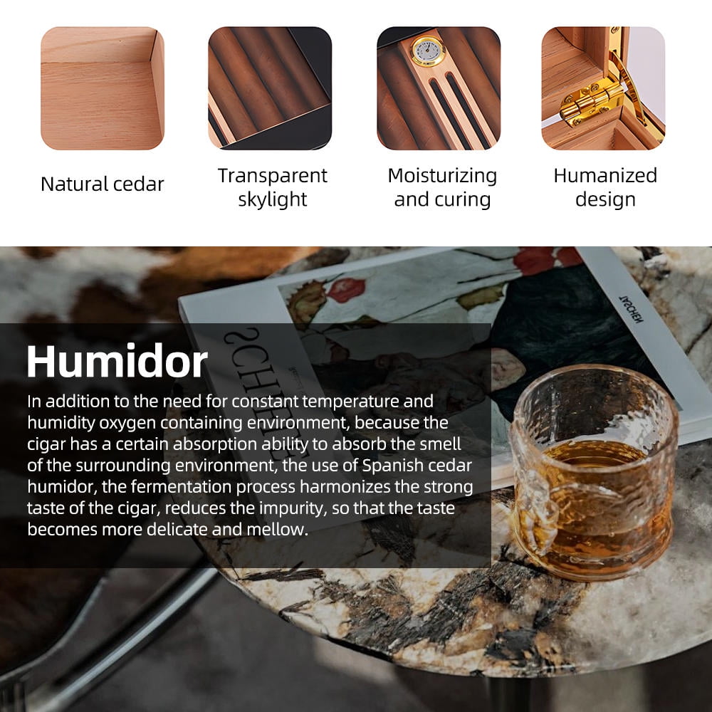 BIMZUC Elegant Cedar Cigar Humidor 10‑18 Cigars, Glass Window, Built‑in Hygrometer, Humidifier, Adjustable Dividers – Portable Desktop Case