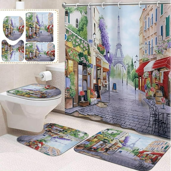 4 Pcs Bathroom Sets with Shower Curtain and Rugs, Tractor Farm Vehicle, Bathroom Decor Machine Landscape Nature Shower Curtain Sets for Bathroom Decor