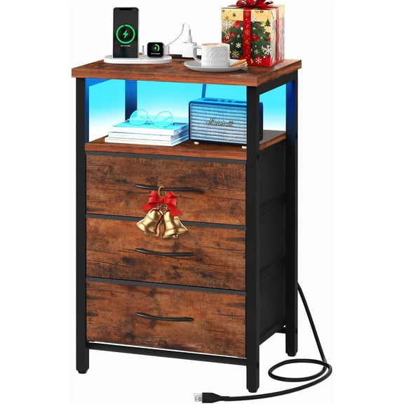 Night Stand with Charging Station, 16 Colors LED Nightstand with USB Ports and Outlets, End Table with 3 Fabric Drawers and Storage Shelf, Bedside Tables Small Dresser for Small Space White