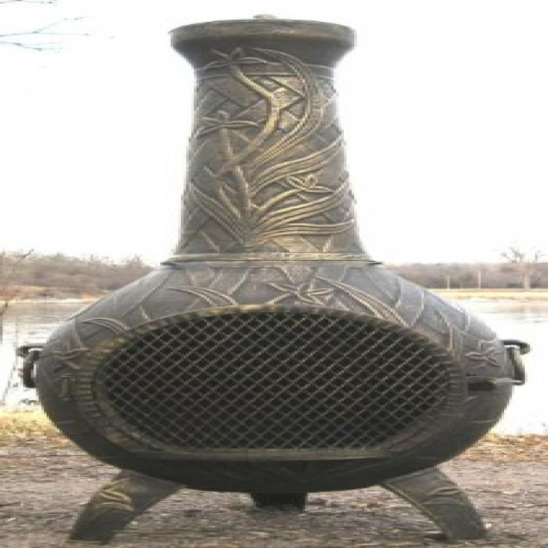The Blue Rooster Co. Orchid Style Cast Aluminum Wood Burning Chiminea in Gold Accent. by