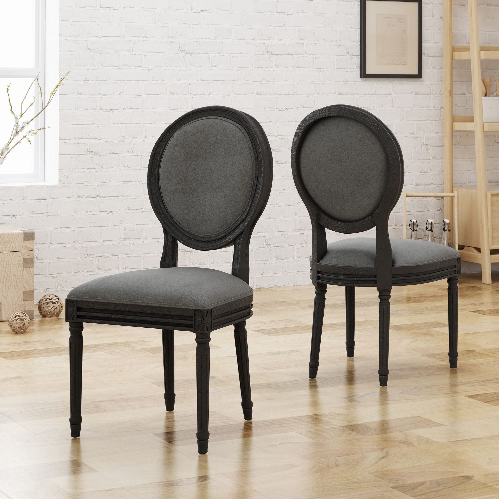 Noble House Dior Set of 2 Dining Chairs, Traditional Fabric, Gray and Black