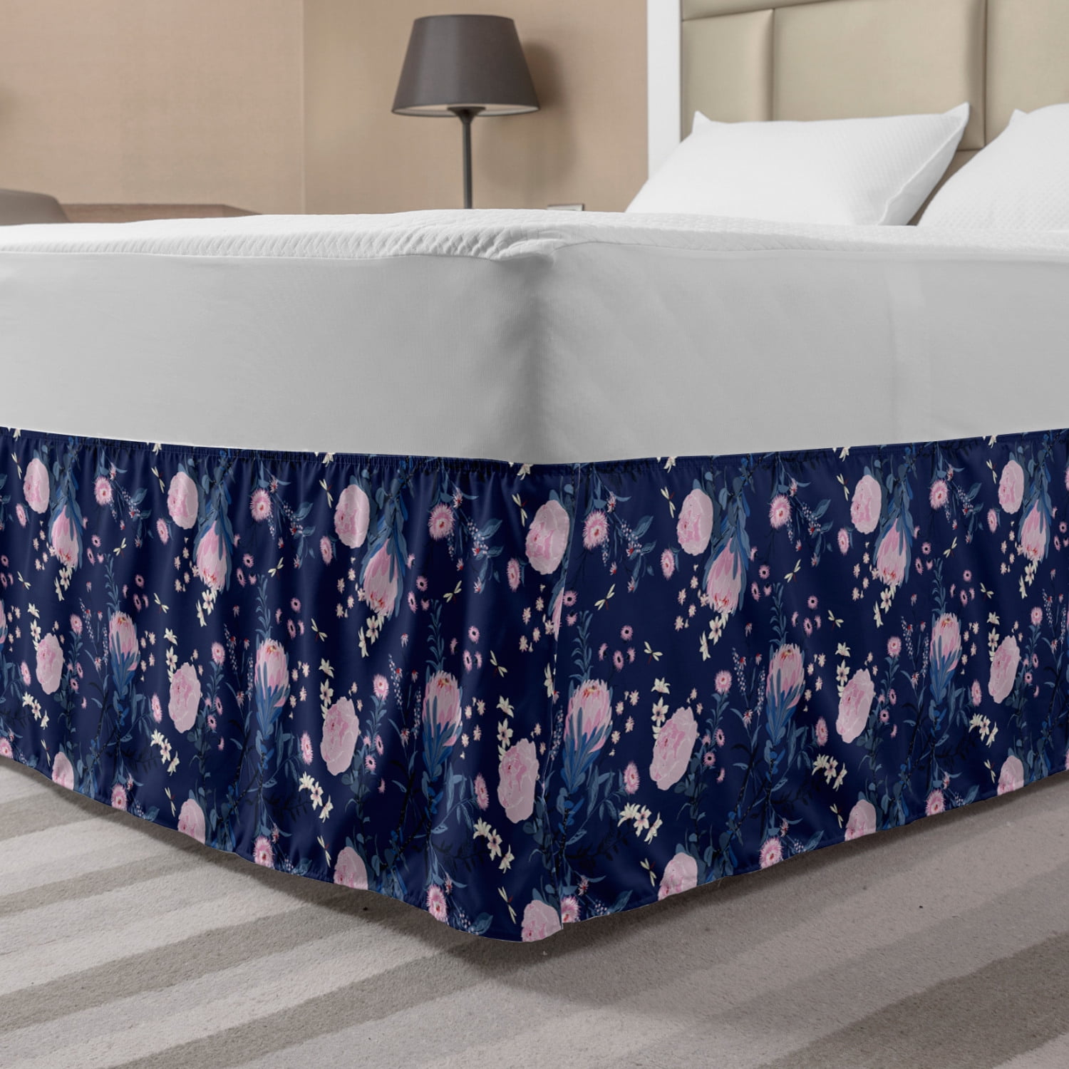 Floral Bed Skirt, Tropical Pink Tones Flowers Dragonfly Night Look