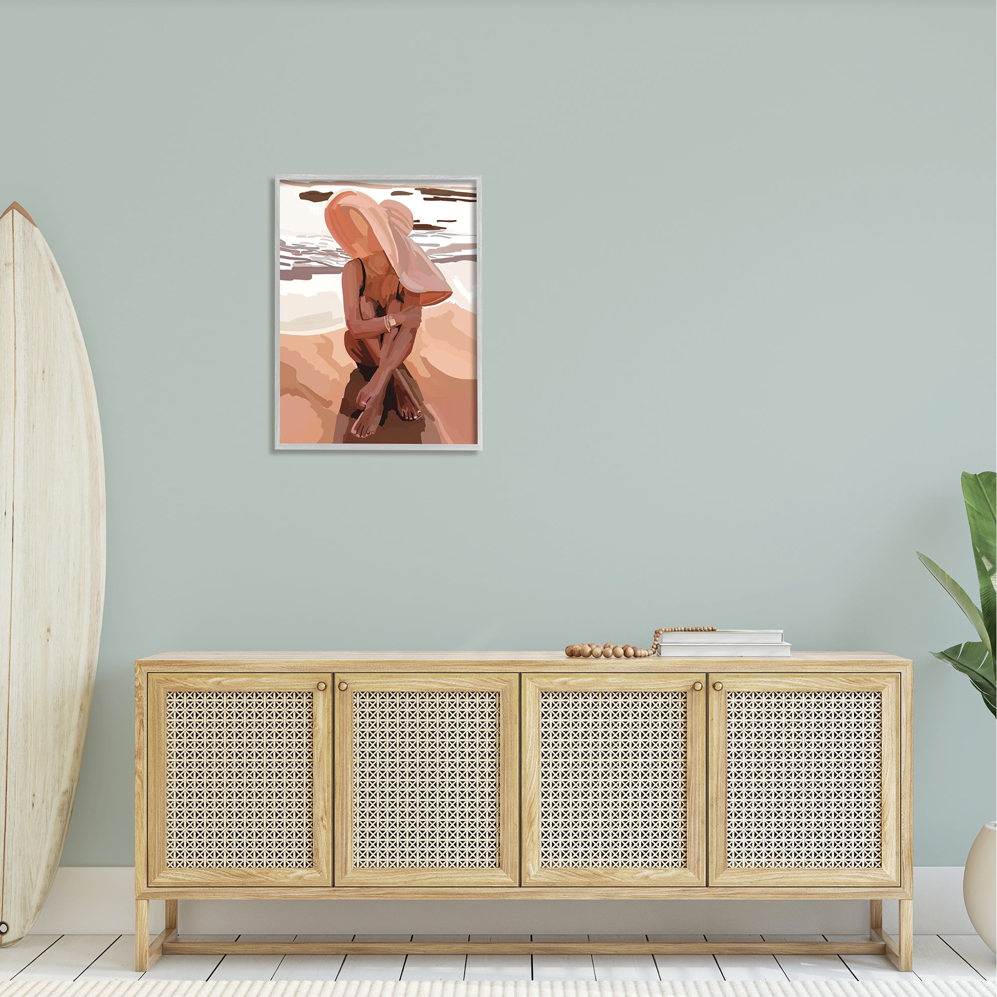 Stupell Industries Woman Sitting Enjoying Ocean Shore Summer Beach Graphic Art Gray Framed Art Print Wall Art, Design by Amelia Noyes