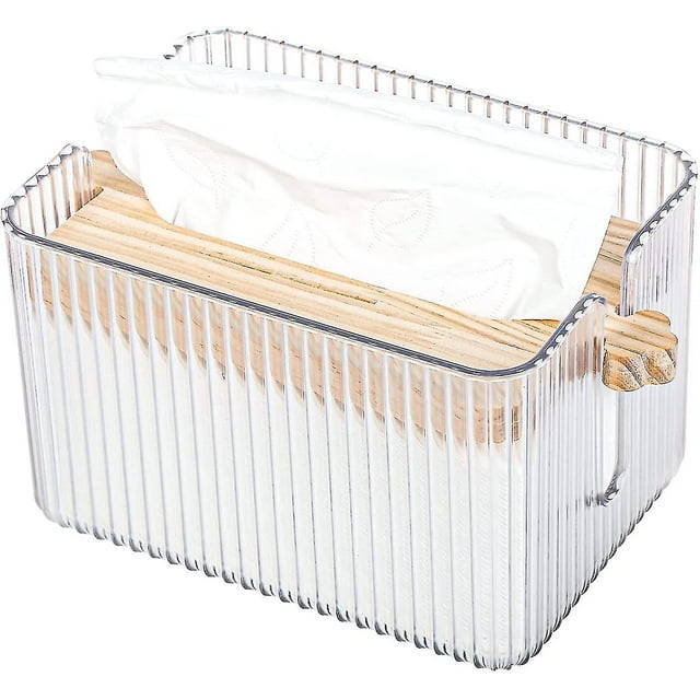Plastic Tissue Box Holder Cover With Wooden Lid, Small Size Modern Facial Paper Holder For Bathroom, 6.85" X4.96" X4.49" Rectangular Clear Tissue Box