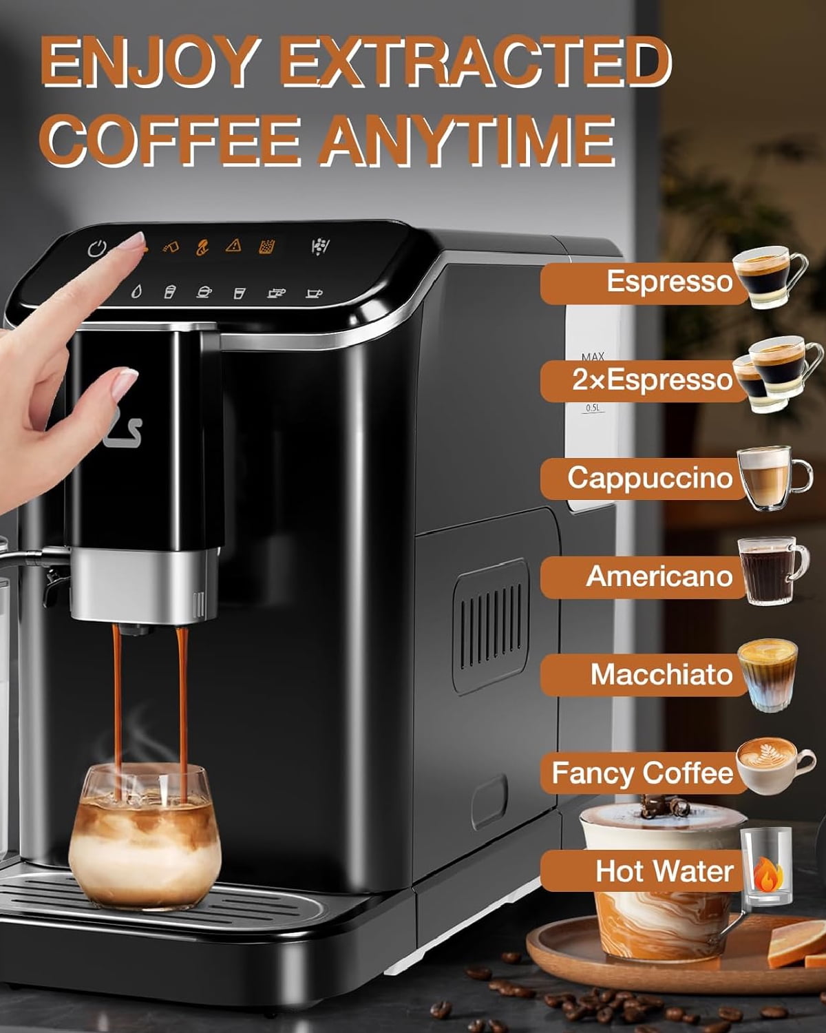 Garvee Professional Automatic Espresso Machine, 20 Bar Coffee Machine with Automatic Milk Frother, 1-15 Adjustable Grind for Home, Black