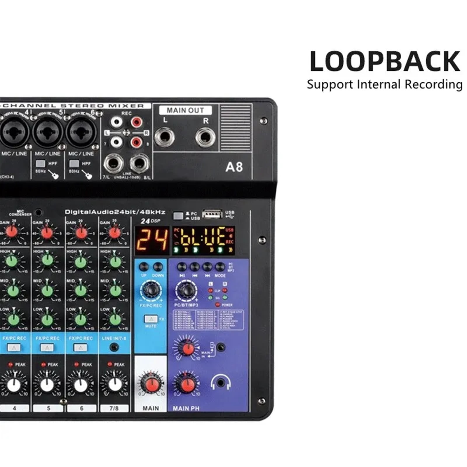 Professional Aud-io Mixer 8-Channel Sound Mixing Console A8 Support USB 48V Power Interface ,Precision Control