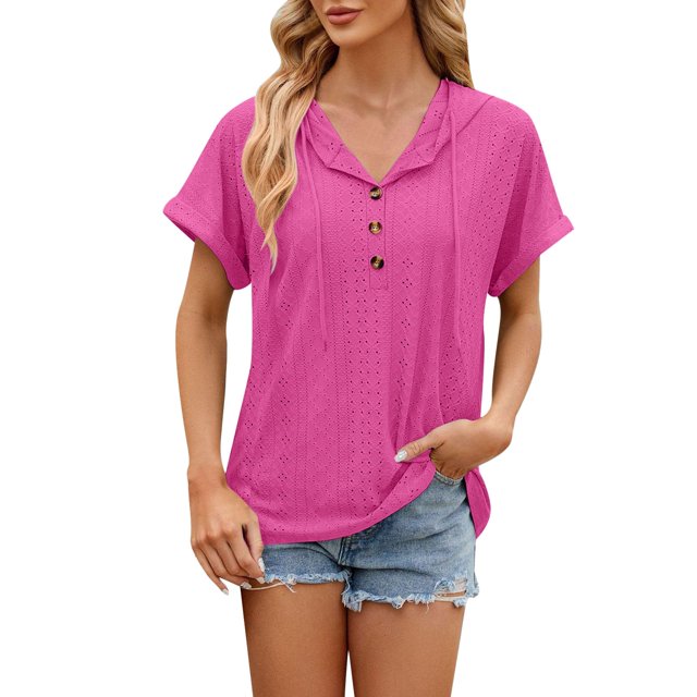 NINGMENG Womens Tops Solid Color Button V Neck Loose Short Sleeve Tops Pullover T Shirts Outwear,Pink,M