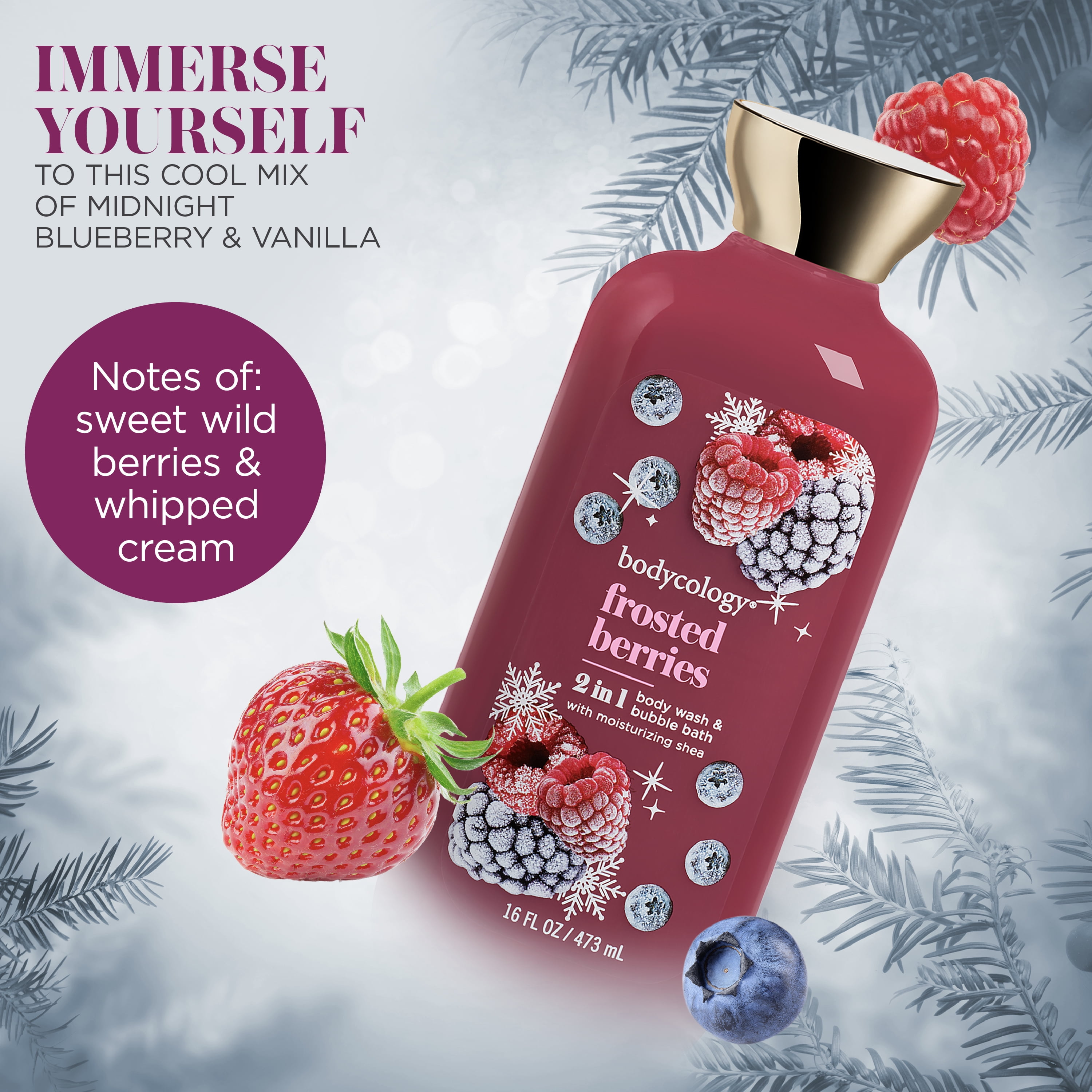 Bodycology Frosted Berries 2 in 1 Body Wash & Bubble Bath, 16 fl.oz.