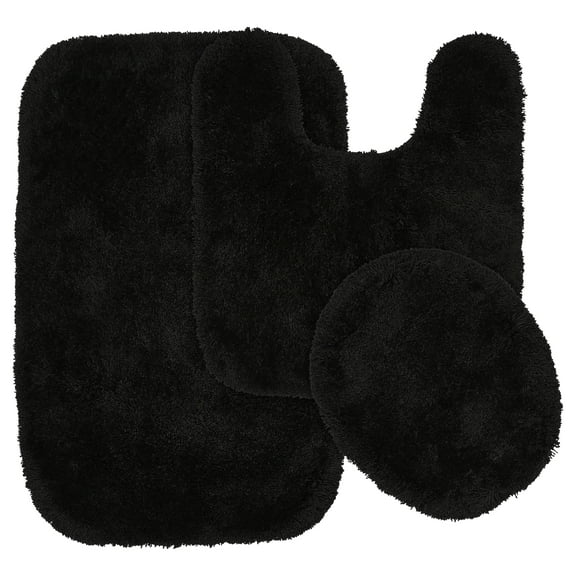 Garland Rug Finest Luxury Washable Bath Set, 3 Piece Set (21"x34" Bath Rug, Contour Rug, & Toilet Lid) Black