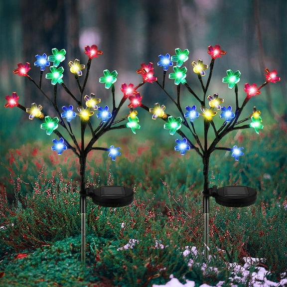 QiShi 2 Pack Solar Fairy Lights Waterproof Multi-Color Solar Powered Garden Lights, Solar Flower Lights with 20 Cherry Blossom, Bigger Solar Panel for Pathway Patio Yard Christmas Decor
