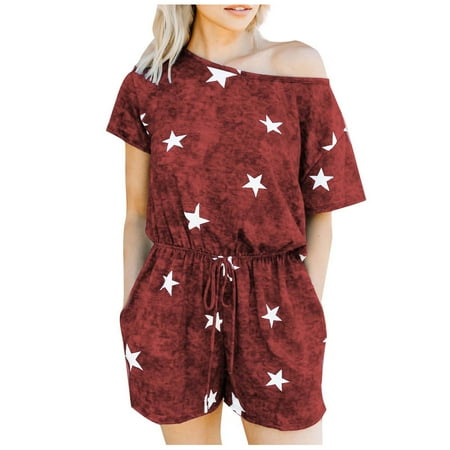 

Jumpsuit for Women Independence Day Printed Summer Casual Relaxed Fit Short Sleeve Rompers Onesie Jumpsuits Shorts
