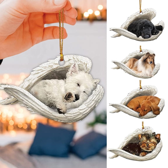 Dserhfy Dog Sleeping in Angel Wings Ornament, 2D Hanging Charm Pet Memorial Keepsake for Christmas Tree Car Interior Accessories