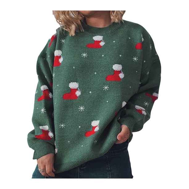 TRKIYQC Tops de punto de Navidad para mujer, calcetines de manga larga con cuello redondo, suéter informal suelto estampado TRKIYQC moda