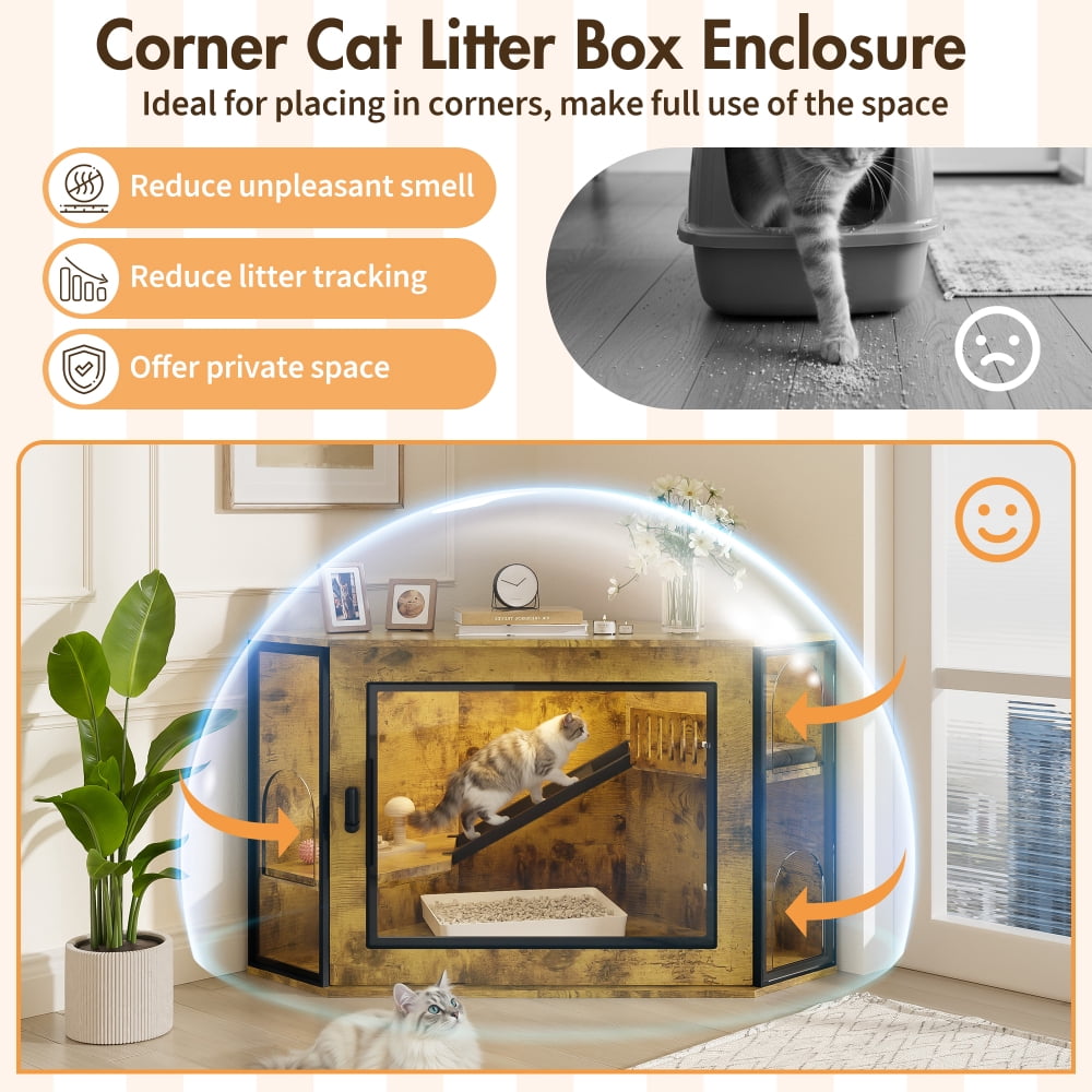 48" Corner Cat Litter Box Enclosure, Modern Hidden Cabinet with Acrylic Door & LED Light, Cat House with Playground & Stairs