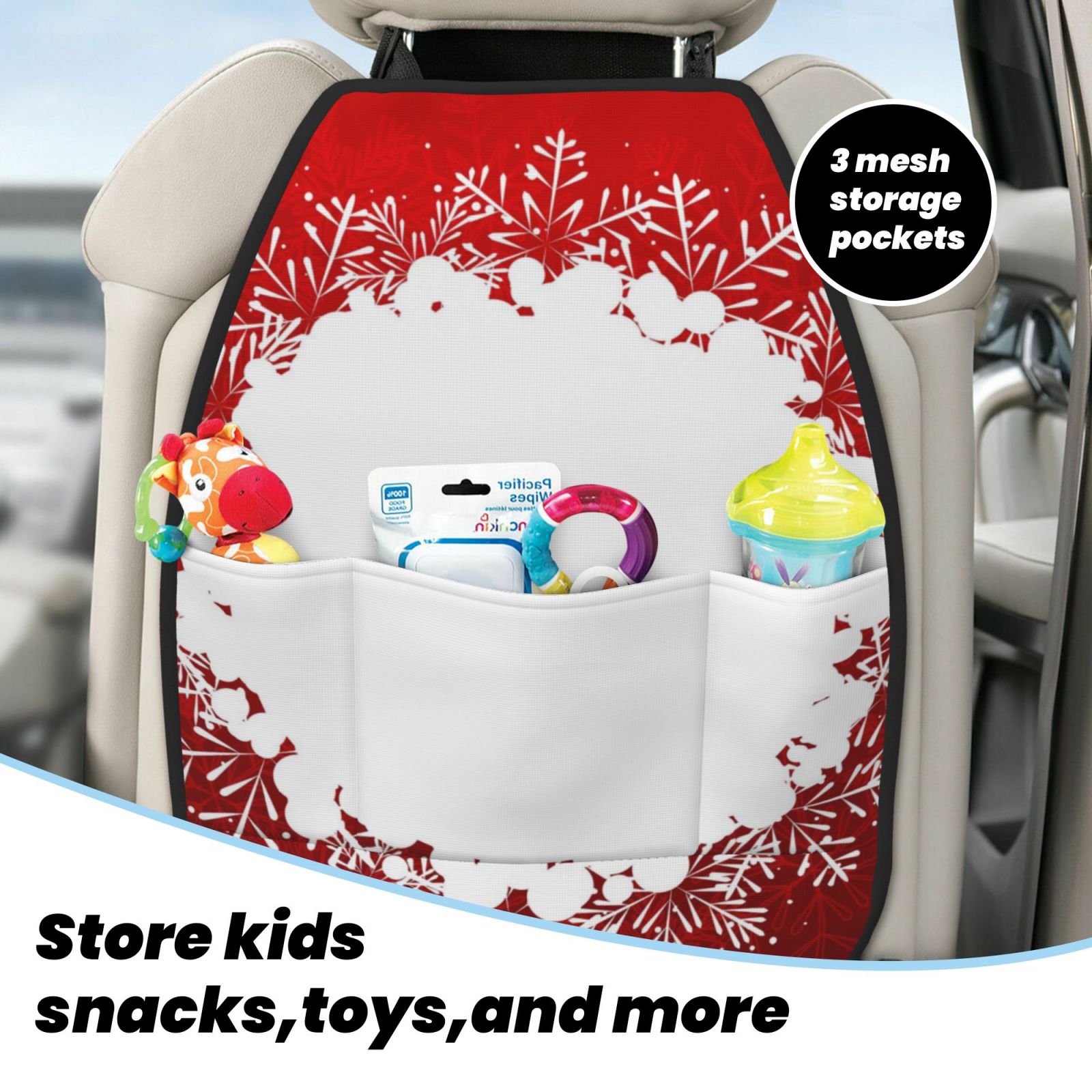 Xecao Winter Christmas Snowflake Pattern Car Seat Back Protector 2 Pack Large Capacity Pocket, Kick Mats Back Seat Protector