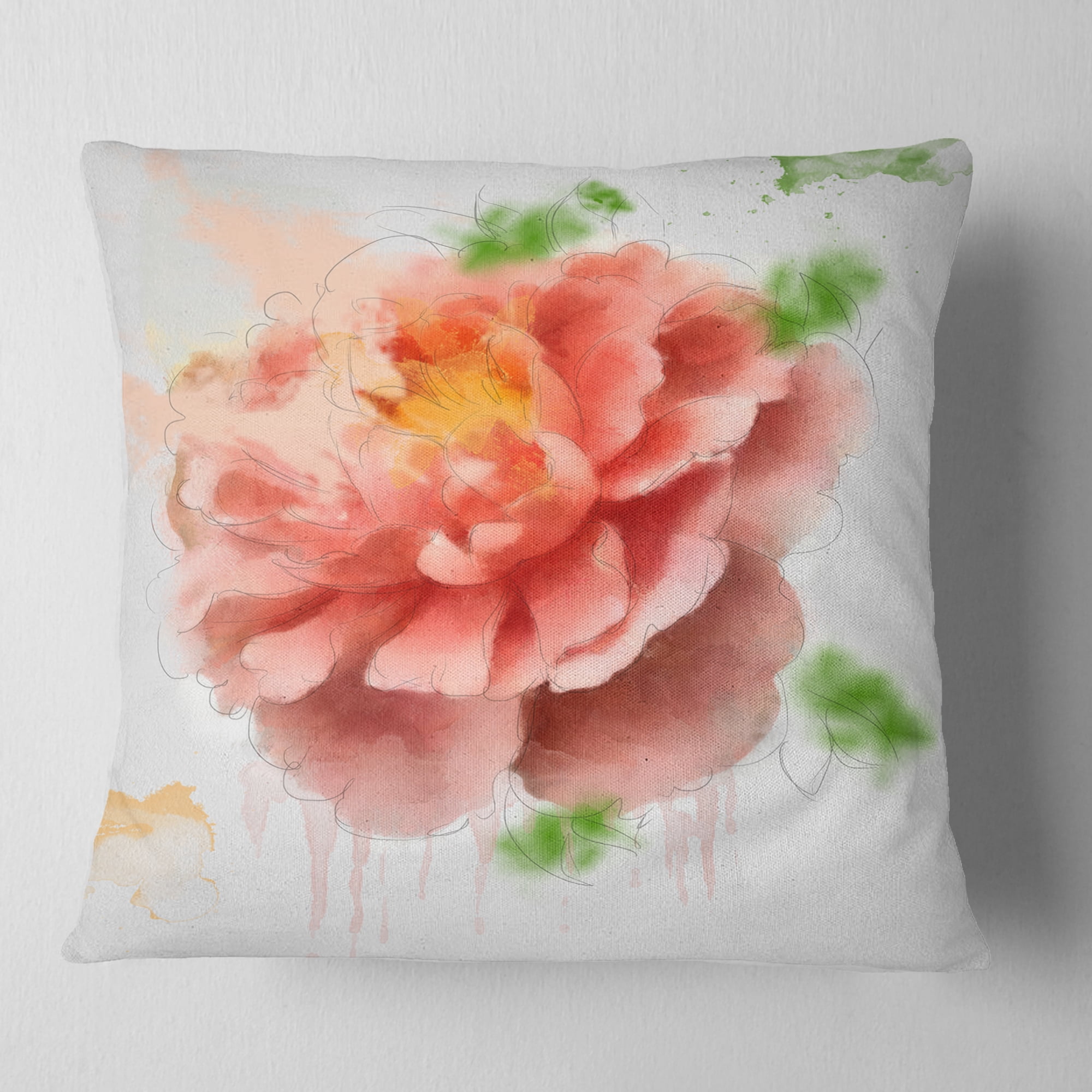 Designart Light Red Rose Sketch Watercolor - Floral Throw Pillow - 18x18