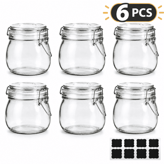 6‑Pack 17oz Food‑Grade Clear Glass Jars with Lids, Airtight Leak‑Proof Round Mason Style Containers, Multipurpose Storage for Jam, Pickles, Spices, Nuts & Kitchen Pantry
