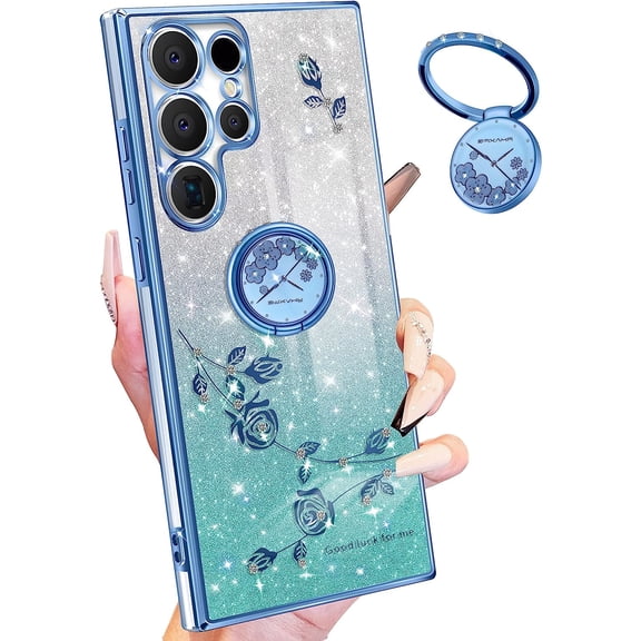 (3in1 for Samsung Galaxy S23 Ultra Case Glitter Sparkly for Women Girls Sparkle Girly Bling Shiny Phone Cover Cute Flowers Floral Design with Ring Pretty Blue Cases for S23 Ultra 2023 6.8''