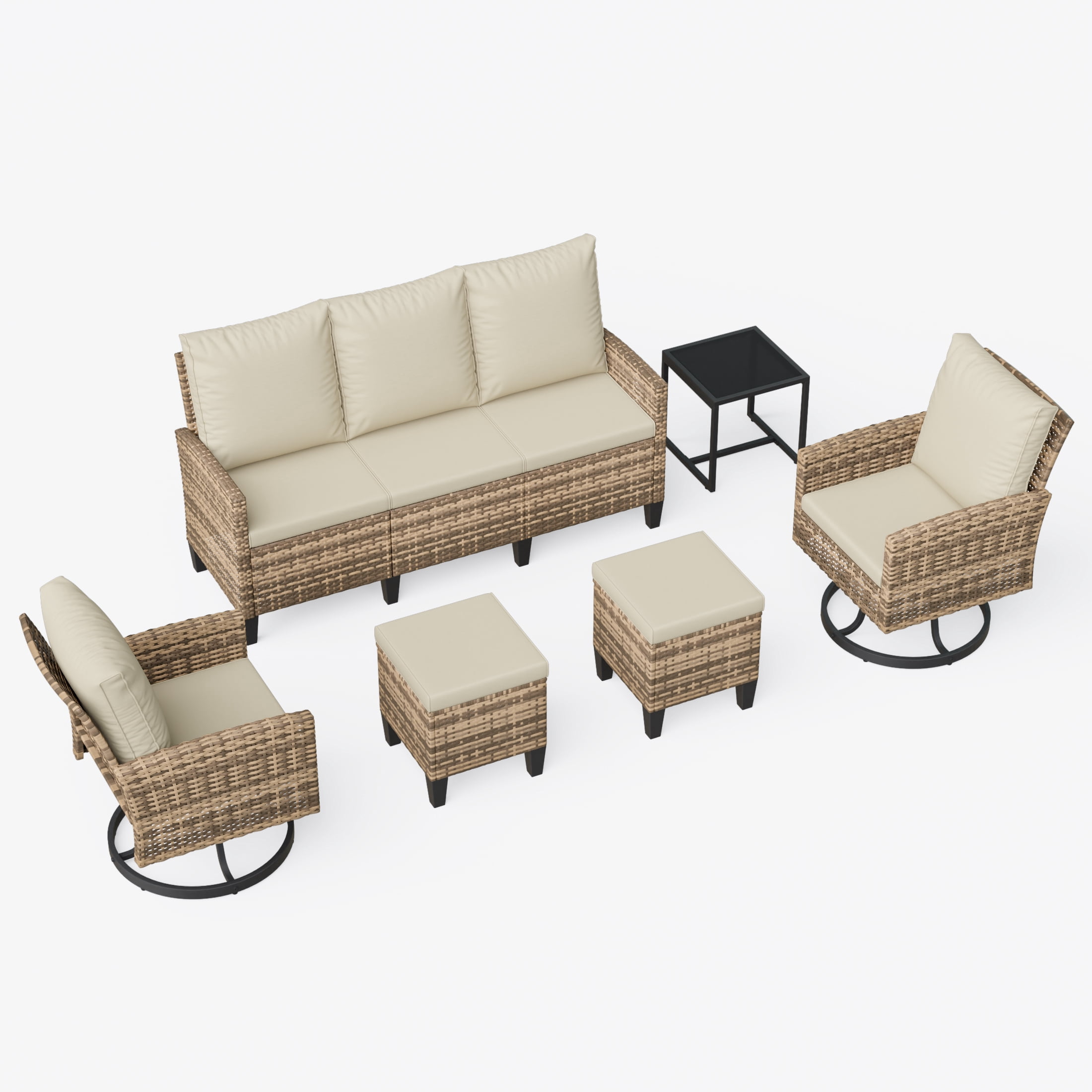 TECHMILLY 6 Pieces Outdoor Conversation Set, All-Weather Wicker Rattan Outdoor Sectional Sofa Set with Ottoman and Swivel Chairs for Poolside, Backyard，Yellow Brown Wicker Beige Cushions