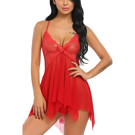 Women Lingerie Lace Babydoll V Neck Sleepwear Strap Chemise Butterfly Lace Openwork Nightdress, Featuring Deep V Plunge Neckline, visible Lace Cup, Little Bow Decoration In Breast Area L