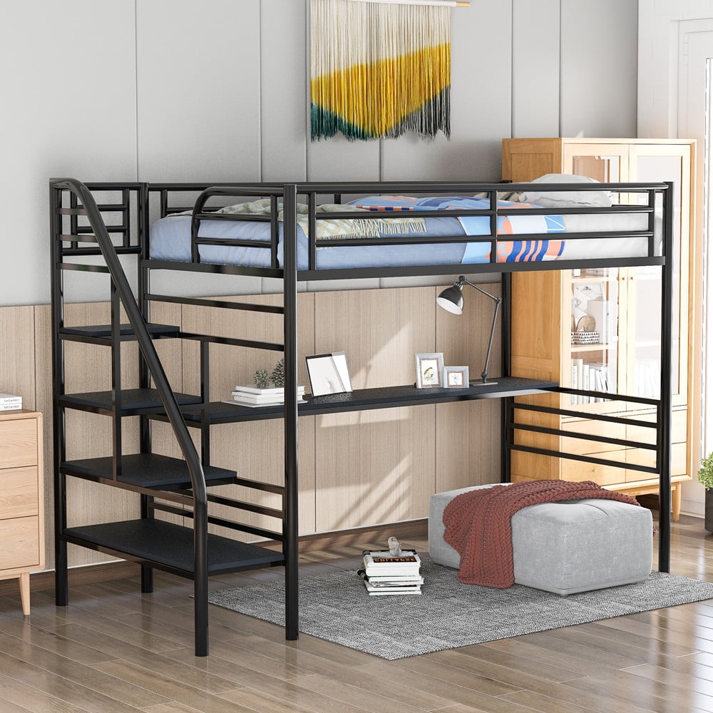 Twin Size Loft Bed, Metal Loft Bed Frame with Desk/Stairs/Full-Length