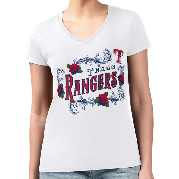 Women's G-III 4Her by Carl Banks White Texas Rangers Super-Slim Fit Lightweight Retro Roses V-Neck T-Shirt