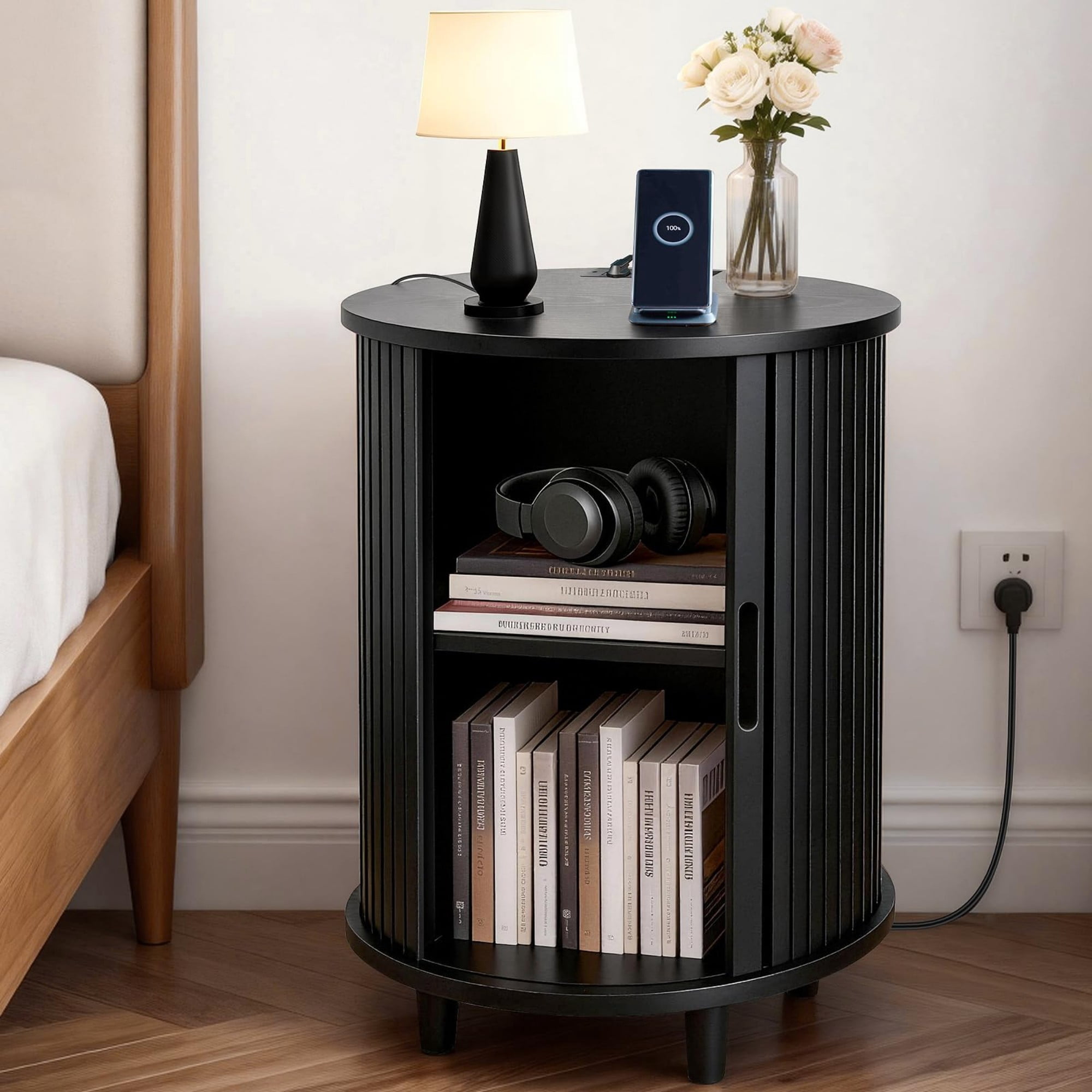 Round End Table with Charging Station, Fluted Nightstand with Sliding Door & Adjustable Shelf, Mid Century Side Table, Black