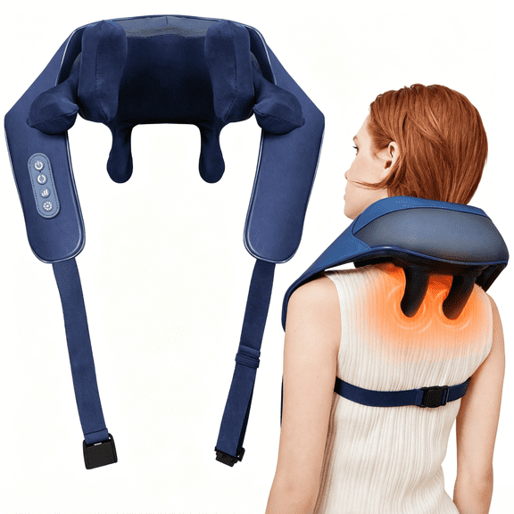 SpaceMuse Neck and Shoulder Massager, 3D Deep Kneading Shiatsu Massager with Heat, Cordless & Portable, Smart Timer, Full Body Use for Home, Office, Travel, Gifts, Blue