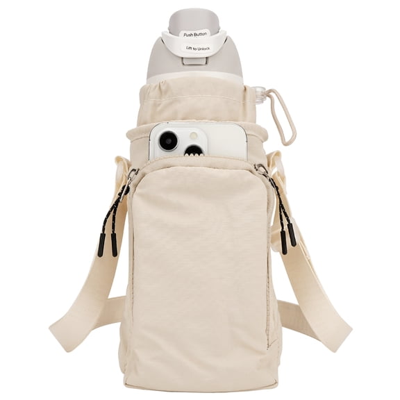 Linkidea Water Bottle Carrier with Strap Compatible with Owala FreeSip 24oz/32oz, IRON FLASK Wide Mouth 32oz, Waterbottle Sling Bag Holder, Shoulder Strap with Phone Pocket (Beige)