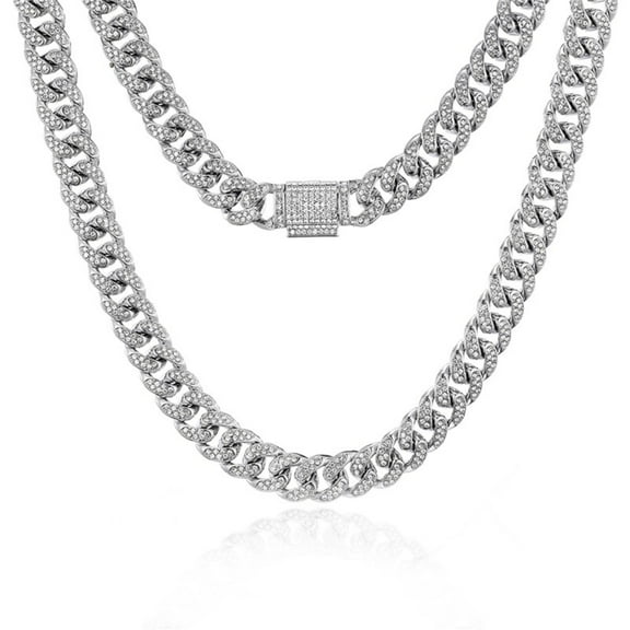 FEEL STYLE Male 5A Zircon Silver Plated Cuban Chain Necklace for Men Women 13MM 18"