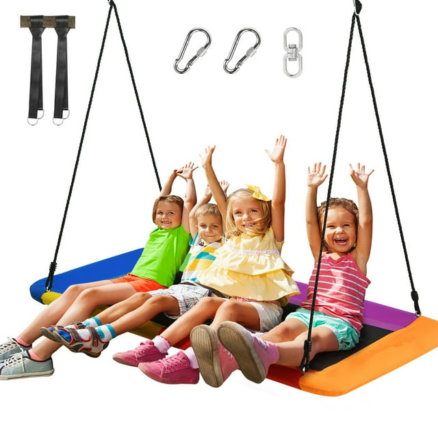 Gymax 60'' Kids Giant Tree Rectangle Swing 700 lbs w/ Adjustable Hanging Ropes Colorful